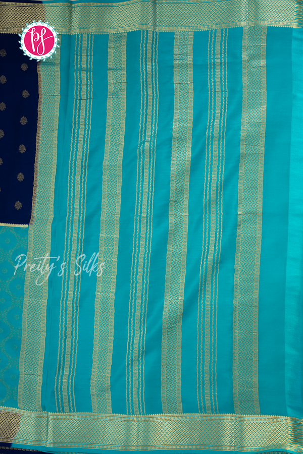Pure Mysore Crepe Silk Saree-Half And Half pattern-Navyblue And Tealblue- PA56238