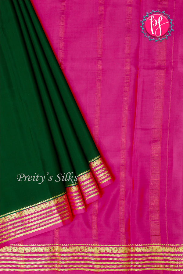 Pure Mysore Crepe Silk Saree-Bottlegreen And Pink-PA28717