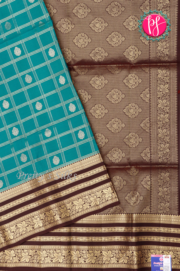 Kanchipuram Soft Silk Saree-Seablue And Deepbrown-PA27210