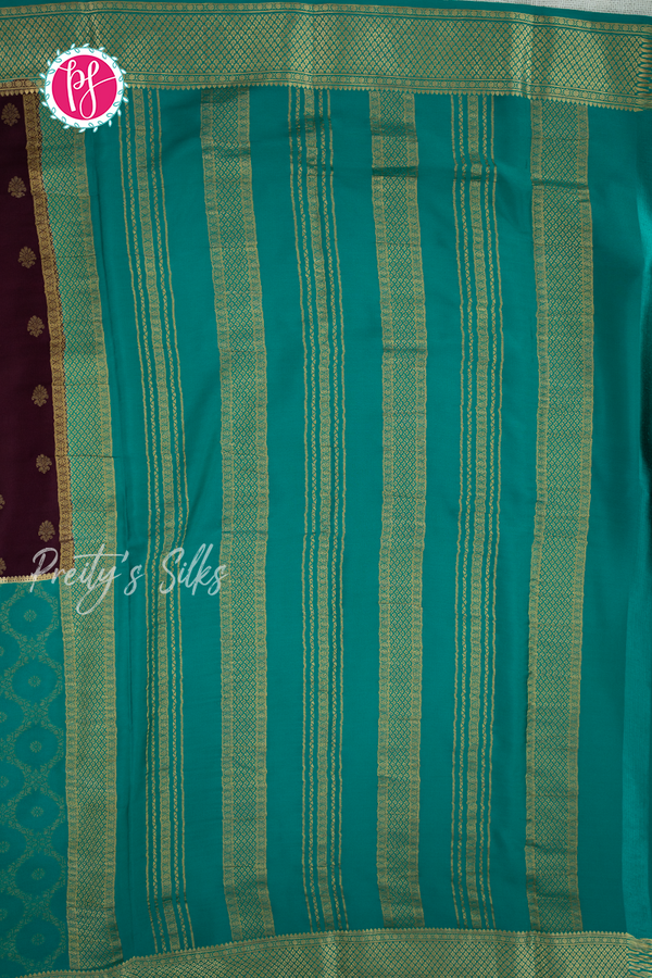 Pure Mysore Crepe Silk Saree-Half And Half pattern-Chocolatebrown And Tealblue-PA56238