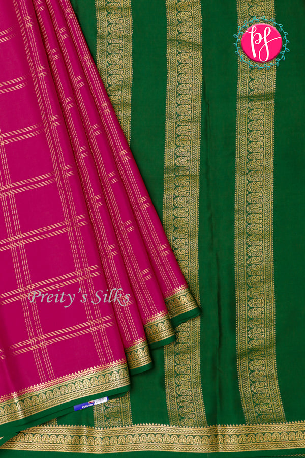 Pure Mysore Crepe Silk Saree-Double checks-Rich Magenta And Green-PA26523