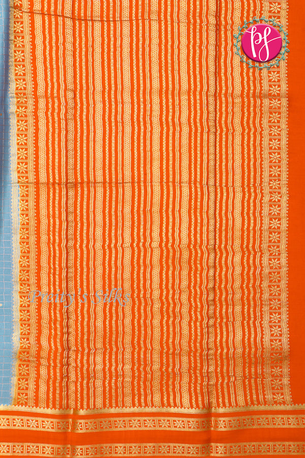 Pure Mysore Crepe Silk Saree -Slateblue And Orange-PF86103