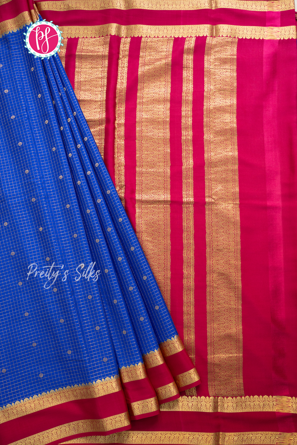 Pure Mysore Crepe Silk Saree-Royalblue And Pink-PA56208
