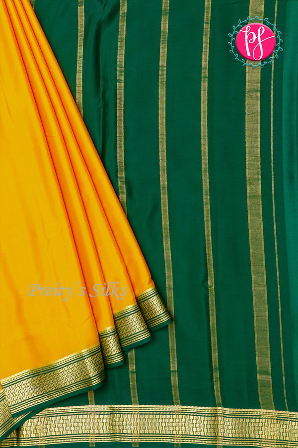 Pure Mysore Crepe Silk Saree-Mustardyellow And Bottlegreen- PA34000