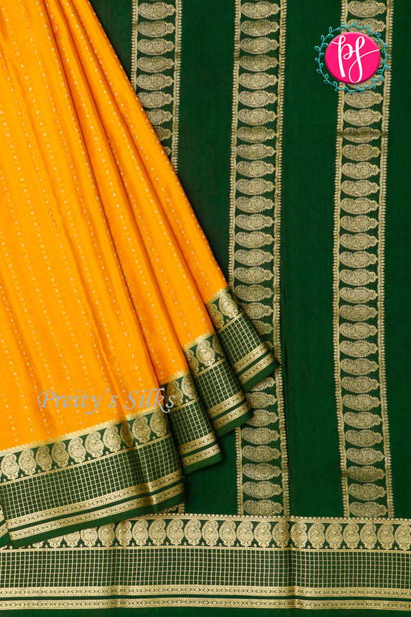 Pure Mysore Crepe Silk Saree-Yellow And Bottlegreen-PA26566