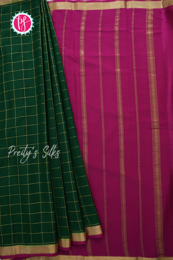 Pure Mysore Crepe Silk Saree-Bottlegreen And Mejentapink- PA56111