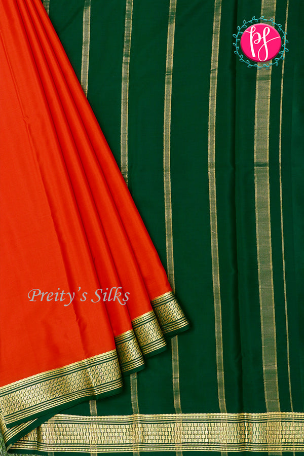 Pure Mysore Crepe Silk Saree-Rustred And Bottlegreen- PA34000