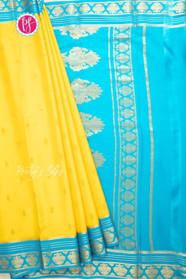 Pure Mysore Crepe Silk Saree-Yellow And Skyblue-PA56162