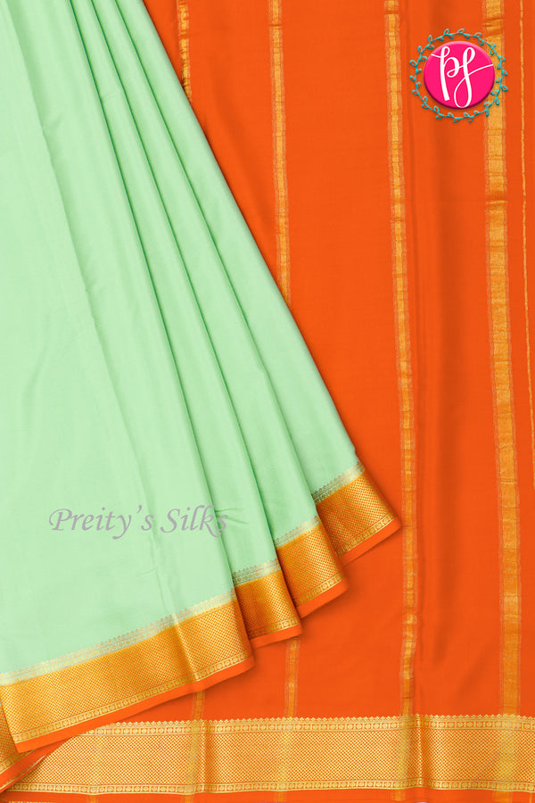 Pure Mysore Crepe Silk Saree-Mint green And Orange-PA22316