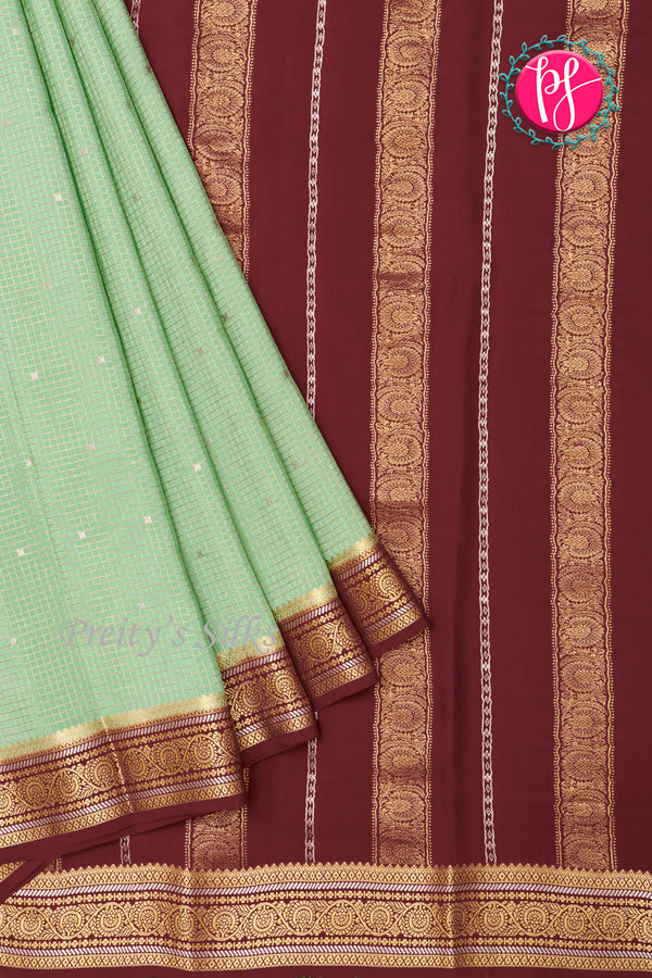 Pure Mysore Crepe Silk Saree-Mintgreen And Marron-PA46766