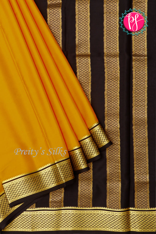 Pure Mysore Crepe Silk Saree-Mustardyellow And Black-PA22389