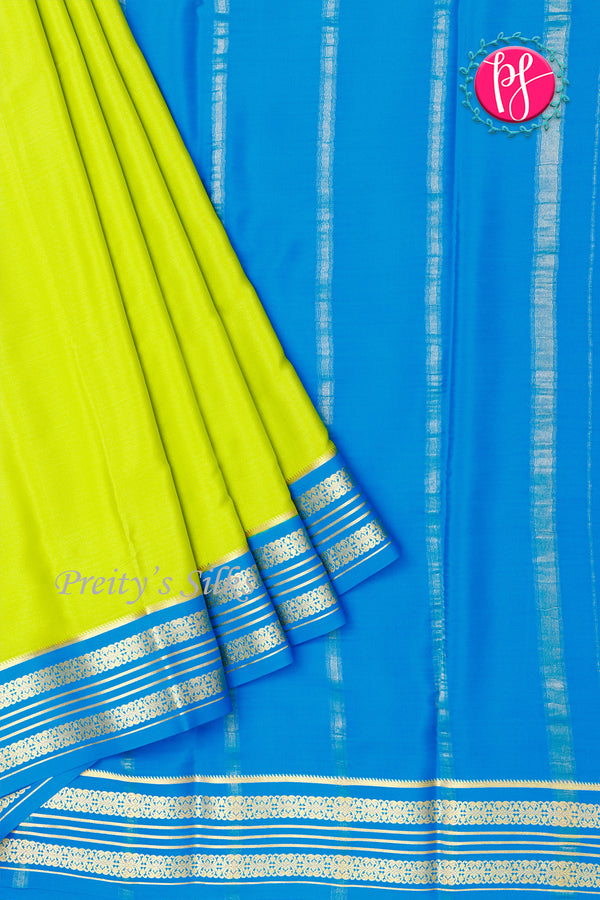 Pure Mysore Crepe Silk Saree-Bright olive green And Tealblue- PA34176