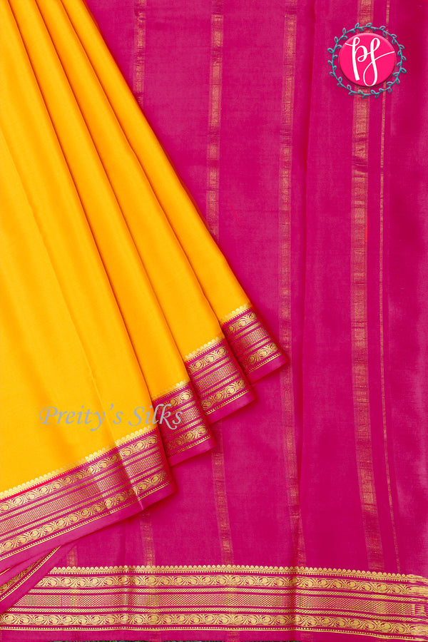 Pure Mysore Crepe Silk Saree-Yellow And Pink-PA28981