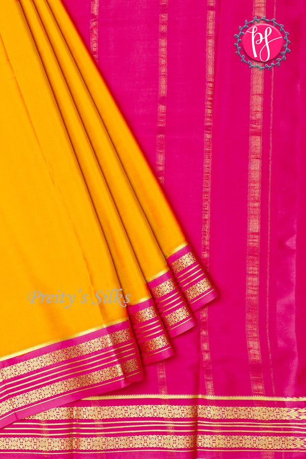 Pure Mysore Crepe Silk Saree-Mustardyellow And Pink-PA29027