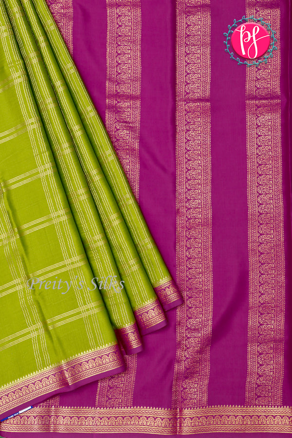 Pure Mysore Crepe Silk Saree-Doublechecks -Olivegreen And Wine-PA26523