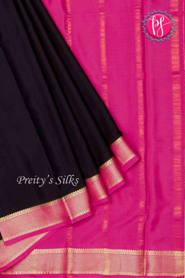 Pure Mysore Crepe Silk Saree-Black And Pink-PA22316