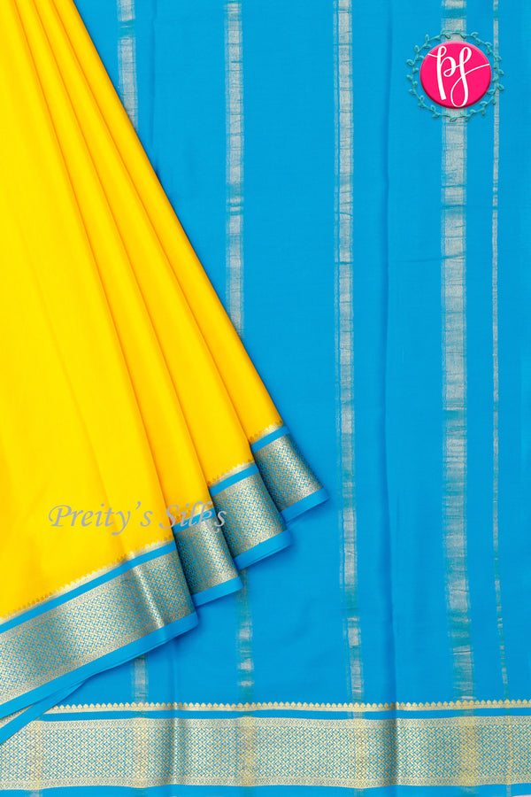 Pure Mysore Crepe Silk Saree-Yellow And Tealblue- PA28744