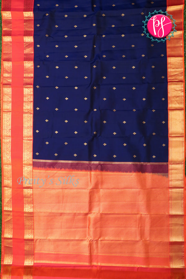 Pure Kanchipuram Silk Saree-Navyblue And Red-PA23514