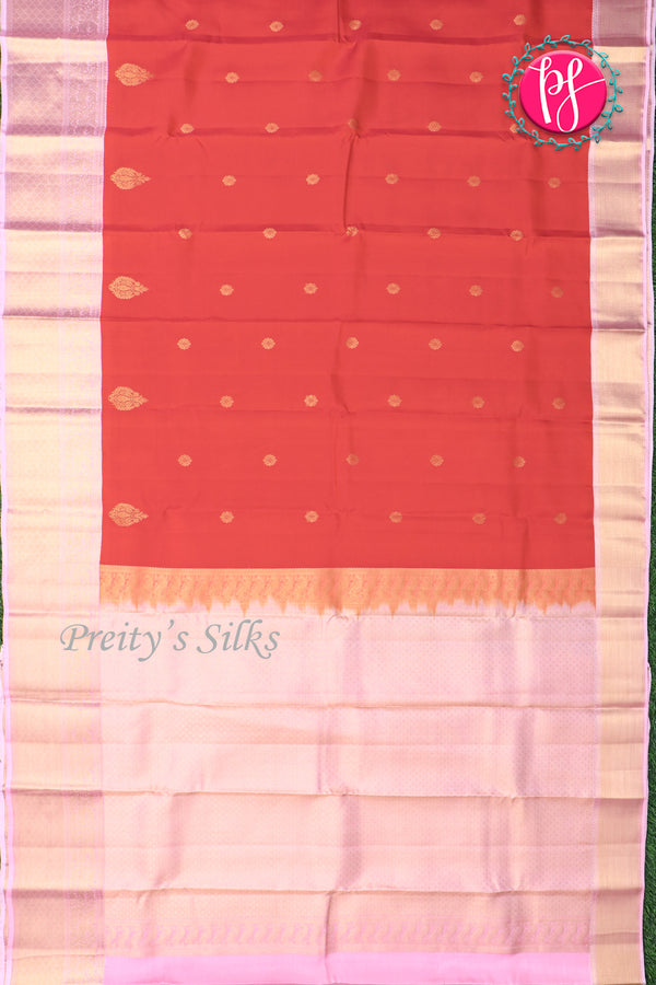 Half Pure Kanchipuram Silk Saree-Red And Babypink-PA25832