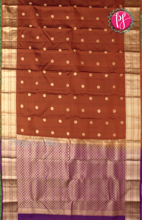 Half Kanchipuram Silk Saree-Rust Orange With Deep Purple-PF68675