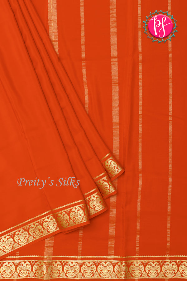 Pure Mysore Crepe Silk Saree-Gandaberunda Border-Orange-PA26362
