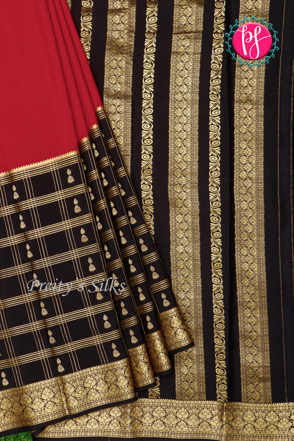 Pure Mysore Crepe Silk Saree-Crimson Red And Black-PA46832