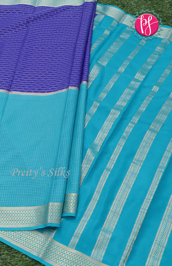 Pure Mysore Crepe Silk saree-Turquoise blue and Deep royal blue-PF60717