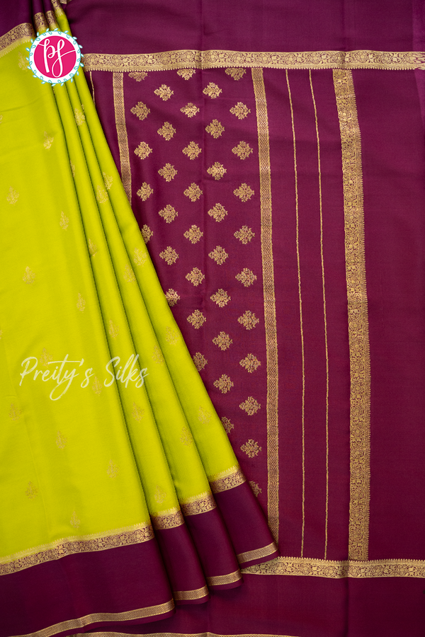 Pure Mysore Crepe Silk Saree-Olivegreen And Wine- PA56316