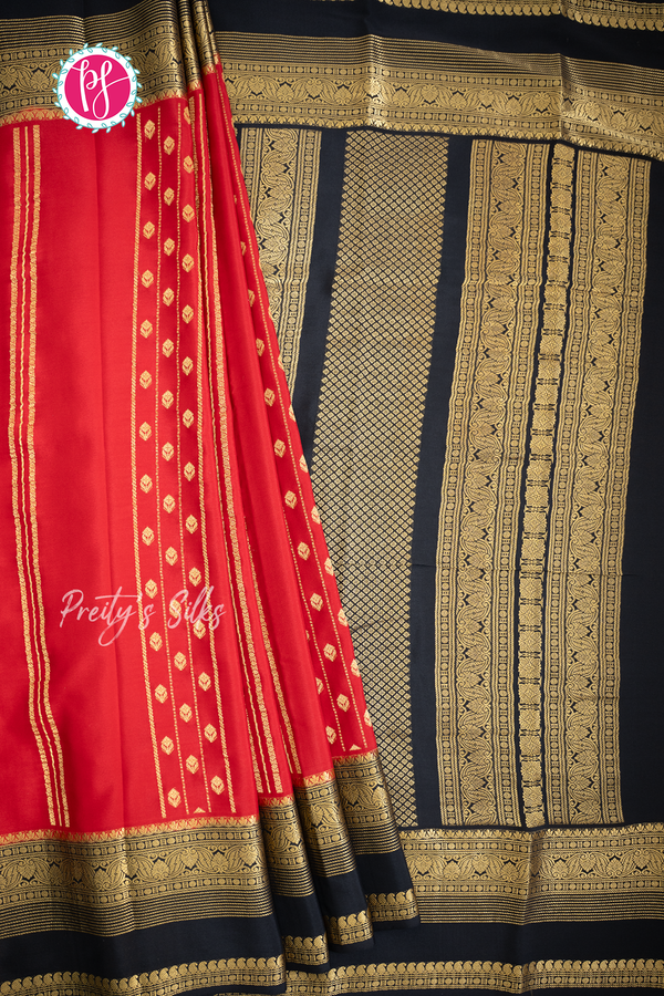 Pure Mysore Crepe Silk Saree-Red And Black-PA