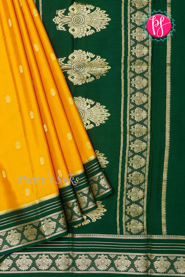 Pure Mysore Crepe Silk Saree-Mustardyellow And Darkgreen-PeacockBorder-PA26542