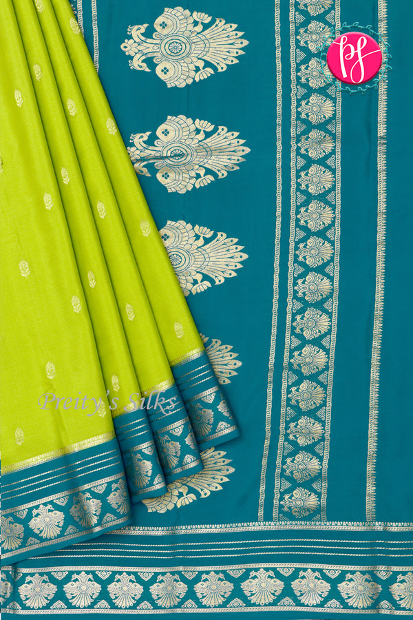 Pure Mysore Crepe Silk Saree-Olivegreen And Tealblue-PeacockBorder-PA26542