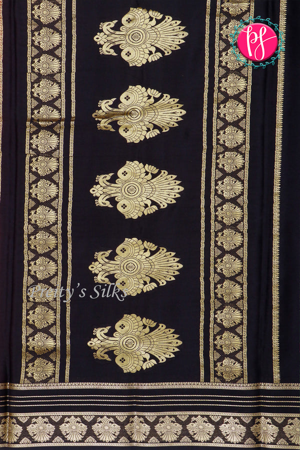 Pure Mysore Crepe Silk Saree-Red And Black-Peacock border-PA26542