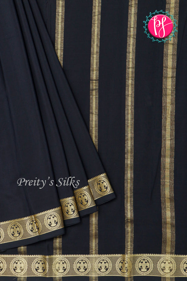 Pure Mysore Crepe Silk Saree-Gandaberunda Self-Black-PA29132