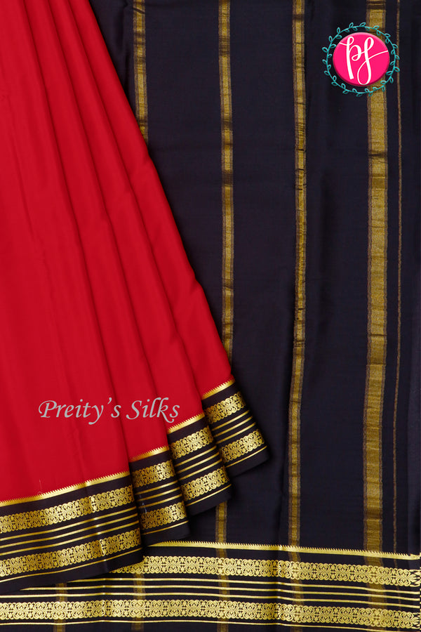 Pure Mysore Crepe Silk Saree-Red And Black-PA29011