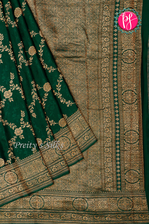 PURE KADDI BANARASI CREPE SILK SAREE-Bottlegreen-PA29680