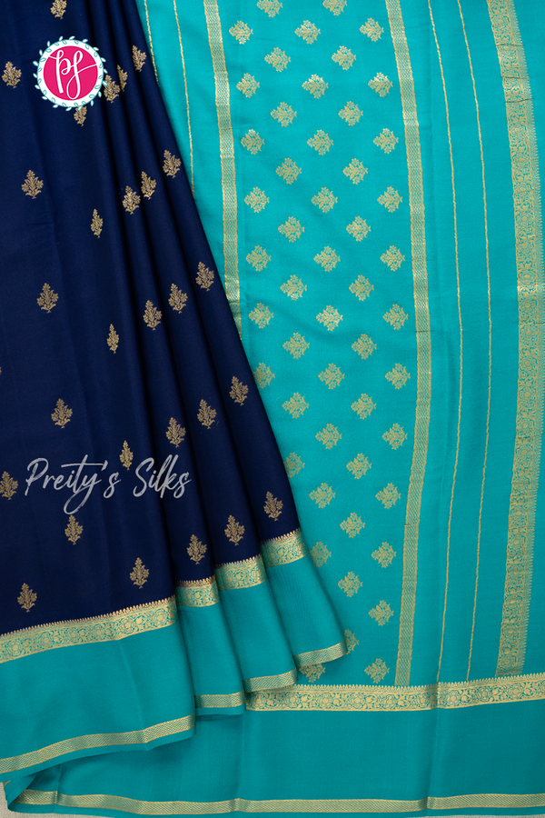 Pure Mysore Crepe Silk Saree-Navyblue And Tealblue- PA56316