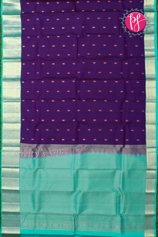 Half Pure Kanchipuram Silk Saree-Deep Purple And Turquoise -PF82159