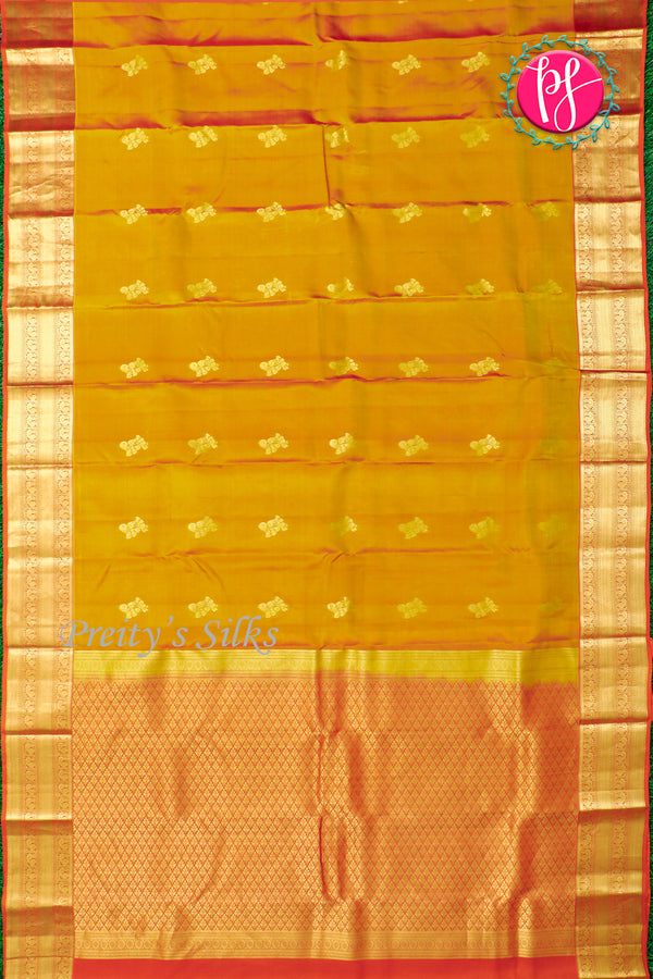 Half Pure Kanchipuram Silk Saree-Mustardyellow And RustOrange-PA24684