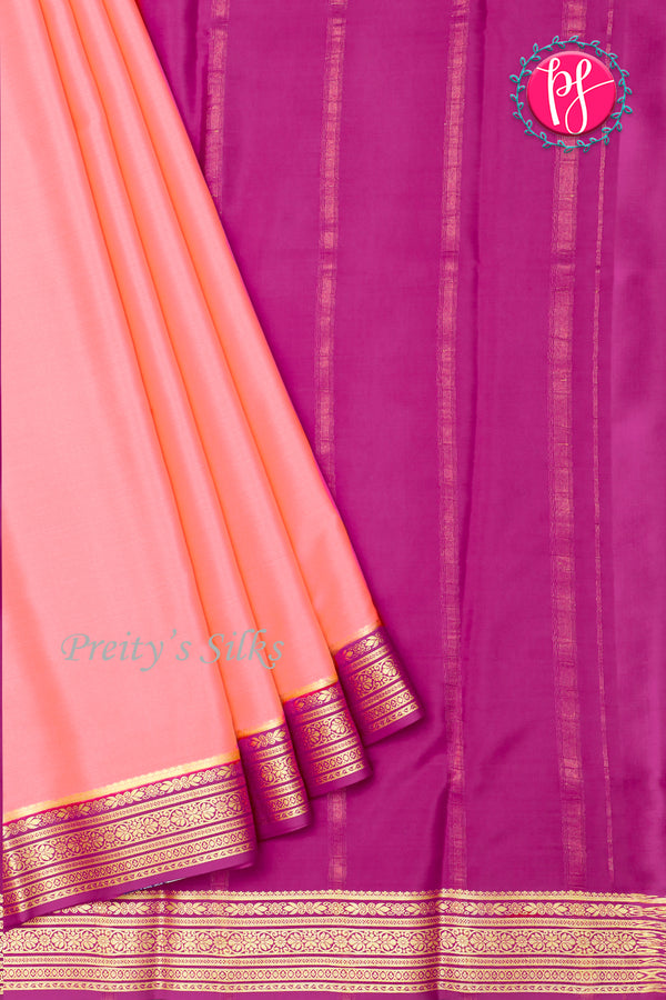 Pure Mysore Crepe Silk Saree-Coral pink And Mejentapink-PA28937