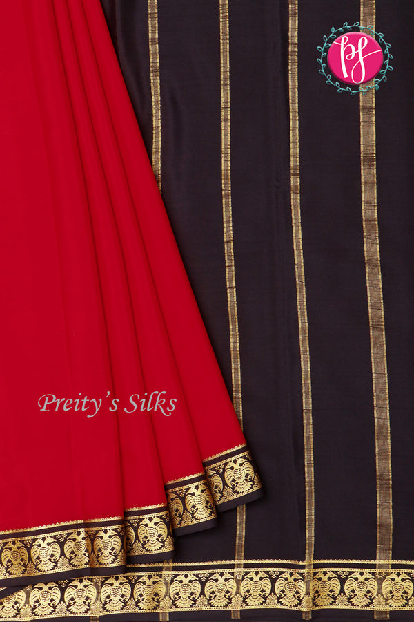 Pure Mysore Crepe Silk Saree-Gandaberunda Border-Red And Black-PA19895