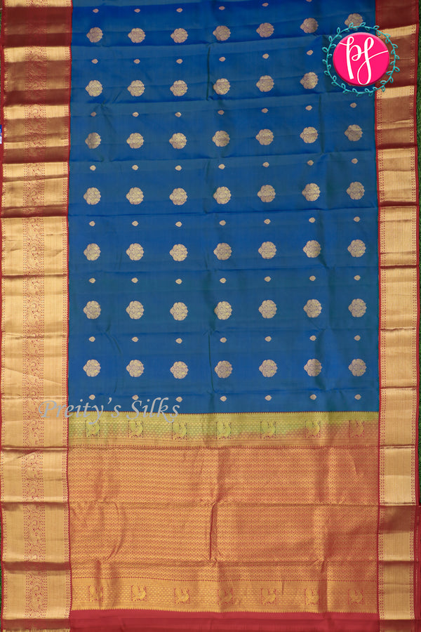 Pure Kanchipuram Silk Saree-Peacockblue And Red-PA23514