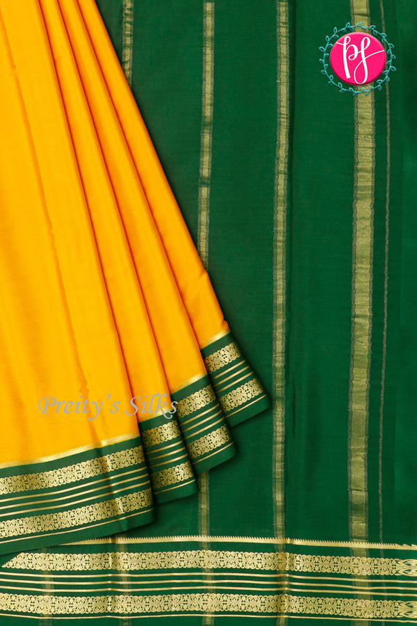 Pure Mysore Crepe Silk Saree-Yellow And Bottlegreen-PA29003
