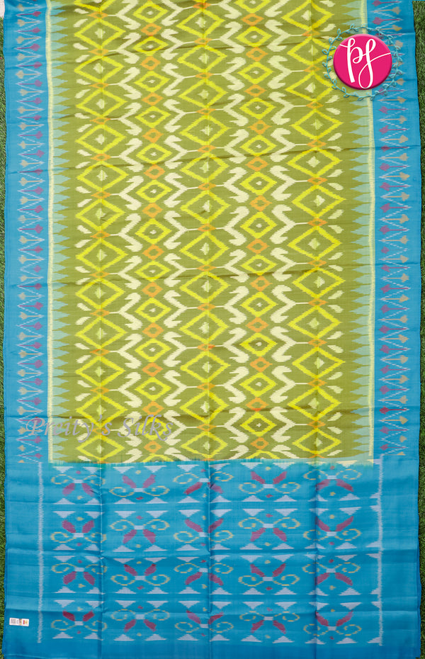 Pure Pochampally Soft Silk saree - Olive Green - Sky Blue-PF38076