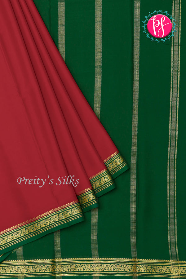 Pure Mysore Crepe Silk Saree-Crimson Red And Bottlegreen- PA28638