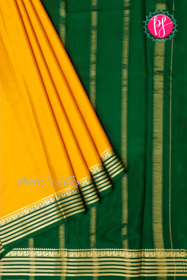 Pure Mysore Crepe Silk Saree-Yellow And BottleGreen-PA28717