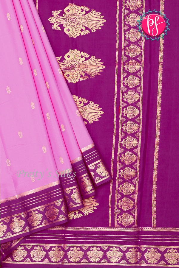 Pure Mysore Crepe Silk Saree-Babypink And WinePeacock border -PA26542