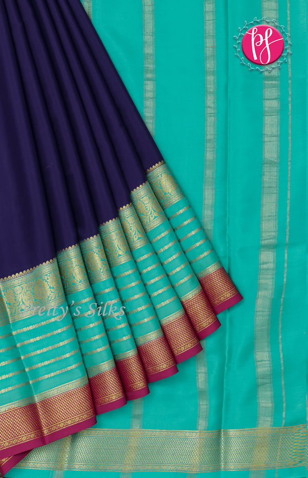 Pure Mysore Crepe Silk saree-Navyblue And Lightblue-PF45498