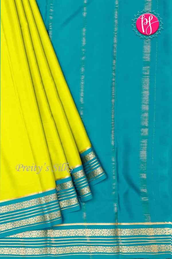 Pure Mysore Crepe Silk Saree-Neongreen And Tealblue-PA29001