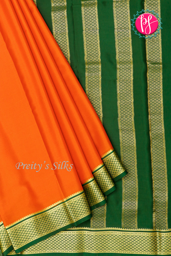 Pure Mysore Crepe Silk Saree-Orange And Green-PA22389