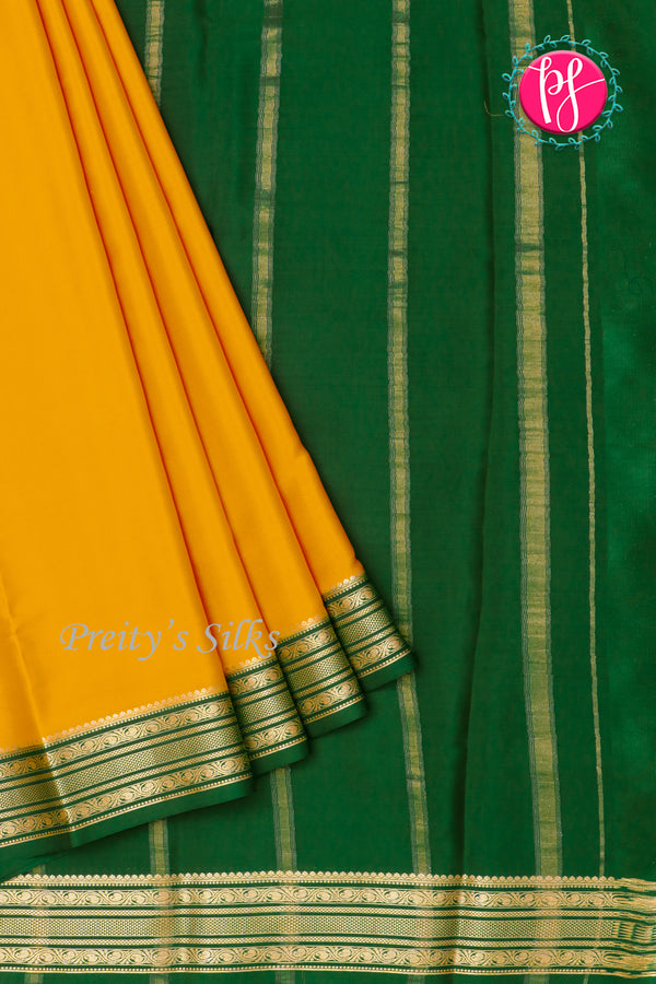 Pure Mysore Crepe Silk Saree-Mustardyellow And Bottlegreen-PA28981